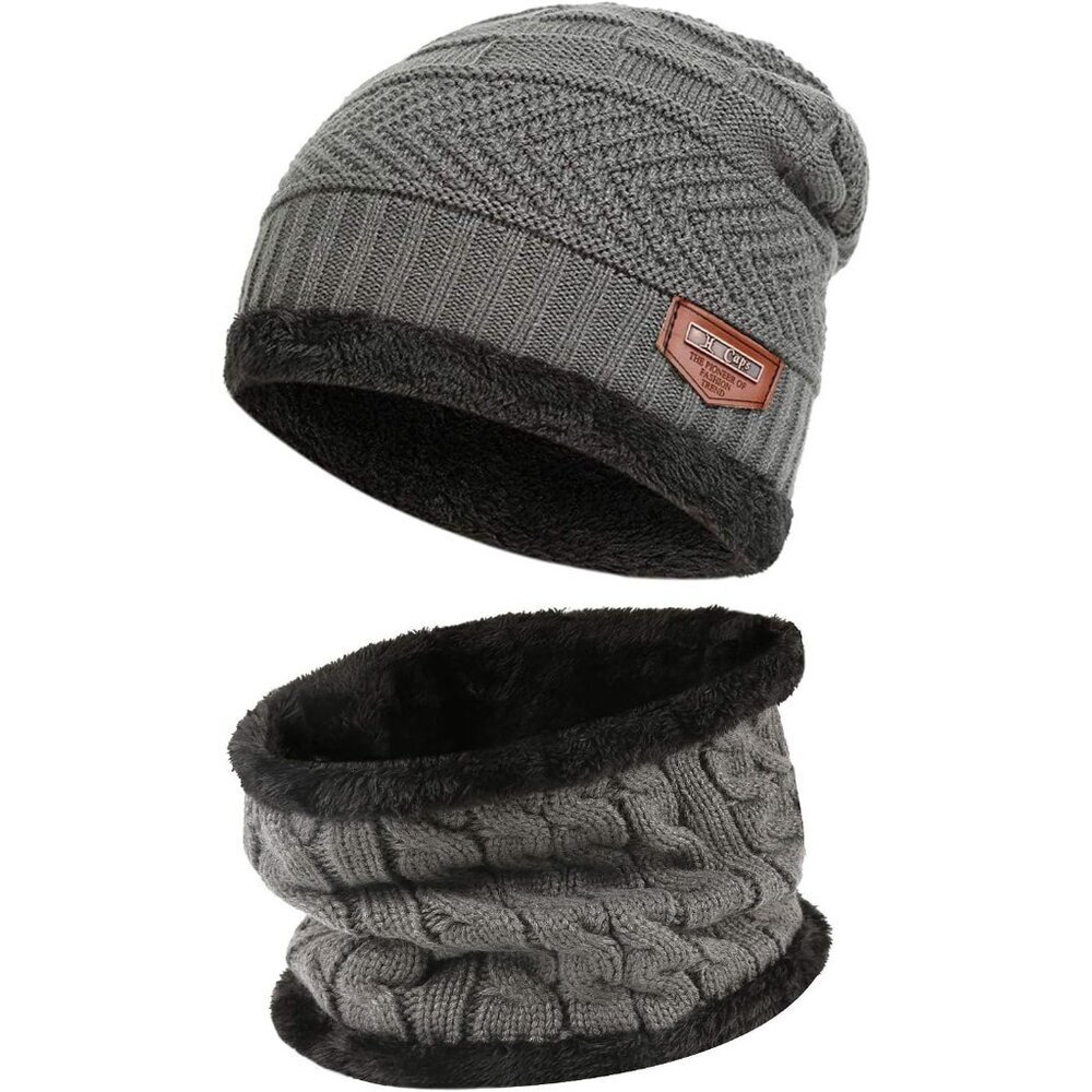 🆕 Men Grey Fleece Lined Winter Cap Beanie Scarf Set Knit Neck Warmer Nice Hat